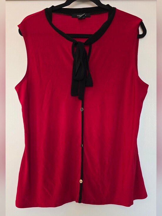 Liz Mccoy Tops - Liz McCoy - Red & Black Tie Neck Sleeveless Blouse Contrasting Trim Top